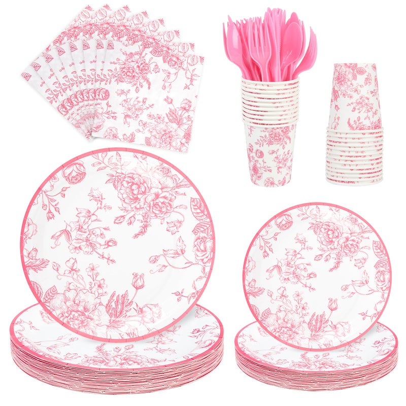 175Pcs Pink Floral Paper Plates and Napkins 25 Guests Pink White Toile Chinoiserie Party Supplies Set Include Plates Napkins Cups Spoons Forks Knives for Christmas Birthday Wedding Mothers Day